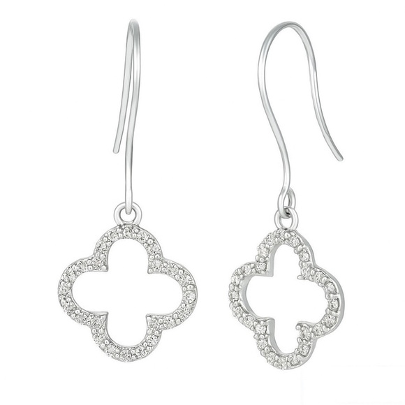 Cubic Zirconia Clover Earrings White Gold CZ | Mini Drop Dangle | NEW - Picture 2 of 2